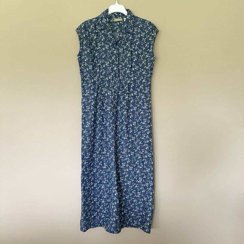 VTG Denim Collared Maxi Shirt Dress Floral Women 12 Cottagecore Farm High Waist - Picture 7 of 9